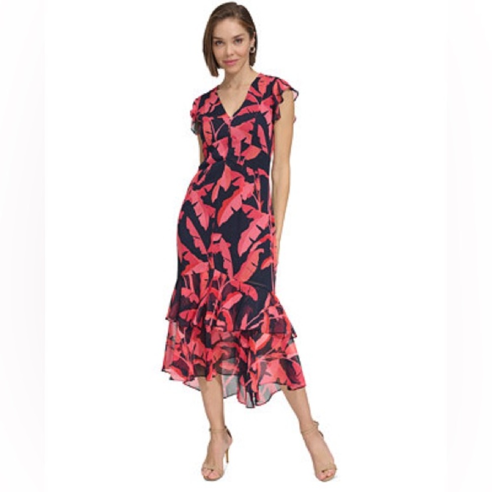 Tommy Hilfiger Printed Flutter-Sleeve Ruffled High-Low Midi Dress - Size 6